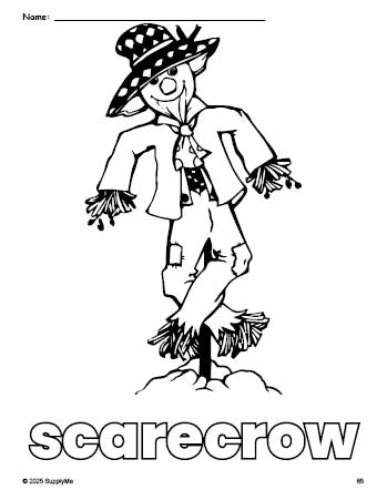 Free printable scarecrow fall coloring page for preschool, pre-k, and kindergarten, PDF