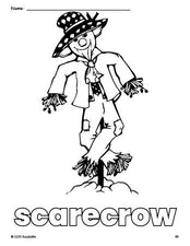 Free printable scarecrow fall coloring page for preschool, pre-k, and kindergarten, PDF