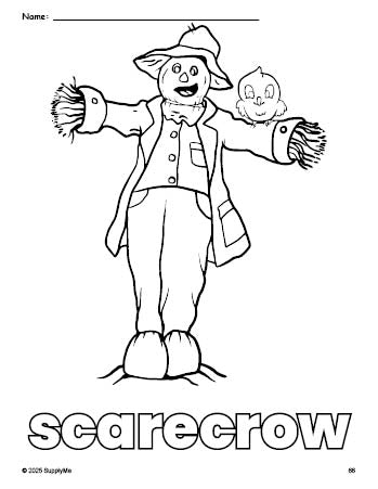 Free printable scarecrow fall coloring page for preschool, pre-k, and kindergarten, PDF