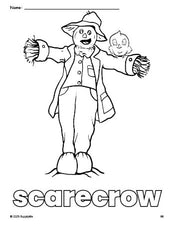 Free printable scarecrow fall coloring page for preschool, pre-k, and kindergarten, PDF