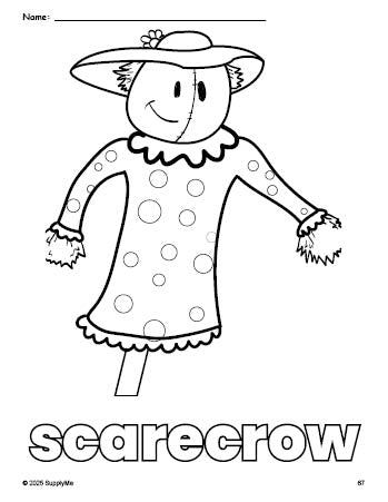 Free printable scarecrow fall coloring page for preschool, pre-k, and kindergarten, PDF