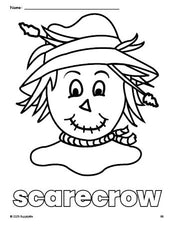 Free printable scarecrow fall coloring page for preschool, pre-k, and kindergarten, PDF