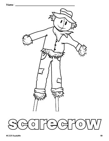 Free printable scarecrow fall coloring page for preschool, pre-k, and kindergarten, PDF