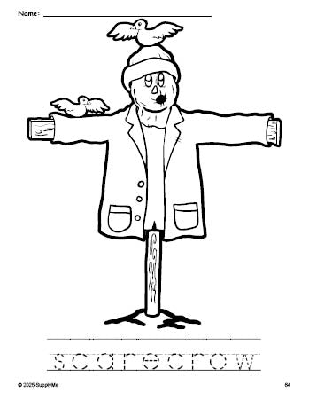 Free printable scarecrow fall coloring page and word tracing worksheet, perfect for preschool, pre-k, and kindergarten, PDF