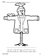 Free printable scarecrow fall coloring page and word tracing worksheet, perfect for preschool, pre-k, and kindergarten, PDF