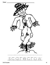 Free printable scarecrow fall coloring page and word tracing worksheet, perfect for preschool, pre-k, and kindergarten, PDF