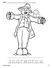 Free printable scarecrow fall coloring page and word tracing worksheet, perfect for preschool, pre-k, and kindergarten, PDF