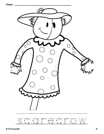 Free printable scarecrow fall coloring page and word tracing worksheet, perfect for preschool, pre-k, and kindergarten, PDF