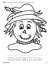 Free printable scarecrow fall coloring page and word tracing worksheet, perfect for preschool, pre-k, and kindergarten, PDF