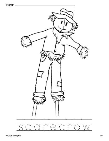 Free printable scarecrow fall coloring page and word tracing worksheet, perfect for preschool, pre-k, and kindergarten, PDF