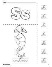 Free printable seahorse coloring page and cursive letter tracing worksheet, letter s worksheet for preschool, pre-k, and kindergarten, PDF