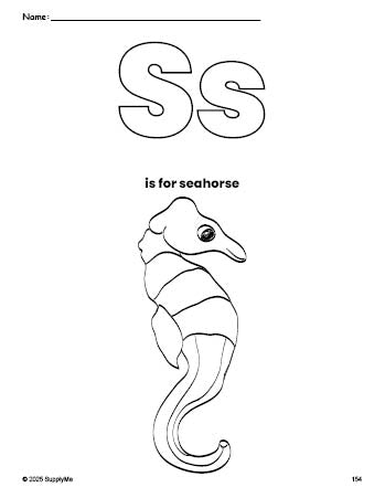 Free printable seahorse coloring page, letter s coloring page for preschool, pre-k, and kindergarten, PDF