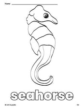 Free printable seahorse coloring page for preschool, pre-k, and kindergarten, PDF