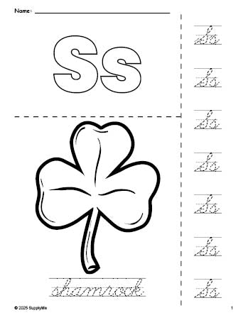 Free printable shamrock St. Patrick's Day coloring page and cursive letter tracing worksheet, letter s worksheet for preschool, pre-k, and kindergarten, PDF