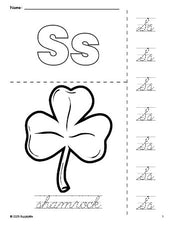 Free printable shamrock St. Patrick's Day coloring page and cursive letter tracing worksheet, letter s worksheet for preschool, pre-k, and kindergarten, PDF