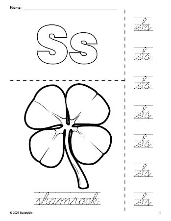 Free printable shamrock St. Patrick's Day coloring page and cursive letter tracing worksheet, letter s worksheet for preschool, pre-k, and kindergarten, PDF