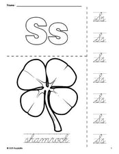 Free printable shamrock St. Patrick's Day coloring page and cursive letter tracing worksheet, letter s worksheet for preschool, pre-k, and kindergarten, PDF