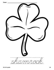 Free printable shamrock St. Patrick's Day coloring page and cursive word tracing worksheet, perfect for preschool, pre-k, and kindergarten, PDF