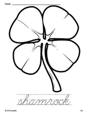 Free printable shamrock St. Patrick's Day coloring page and cursive word tracing worksheet, perfect for preschool, pre-k, and kindergarten, PDF