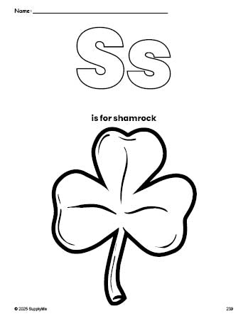 Free printable shamrock St. Patrick's Day coloring page, letter s coloring page for preschool, pre-k, and kindergarten, PDF