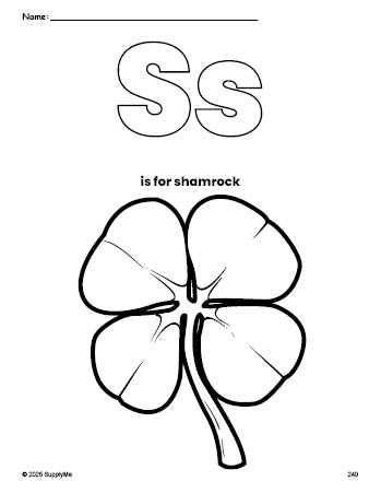 Free printable shamrock St. Patrick's Day coloring page, letter s coloring page for preschool, pre-k, and kindergarten, PDF