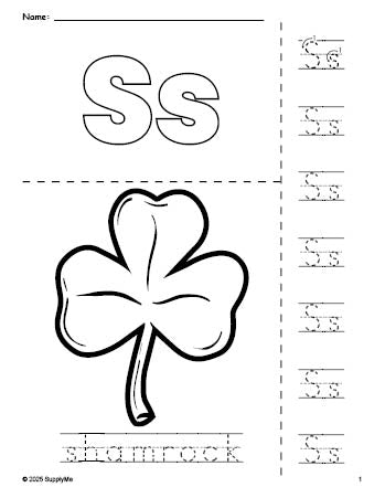 Free printable shamrock St. Patrick's Day coloring page and letter tracing worksheet, letter s worksheet for preschool, pre-k, and kindergarten, PDF