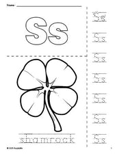 Free printable shamrock St. Patrick's Day coloring page and letter tracing worksheet, letter s worksheet for preschool, pre-k, and kindergarten, PDF