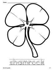 Free printable shamrock St. Patrick's Day coloring page and word tracing worksheet, letter formation guides, perfect for preschool, pre-k, and kindergarten, PDF