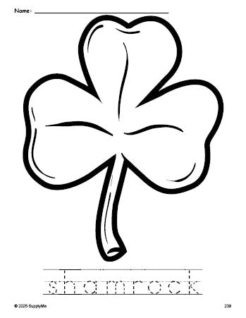 Free printable shamrock St. Patrick's Day coloring page and word tracing worksheet, perfect for preschool, pre-k, and kindergarten, PDF