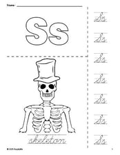 Free printable skeleton Halloween coloring page and cursive letter tracing worksheet, letter s worksheet for preschool, pre-k, and kindergarten, PDF