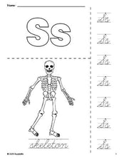 Free printable skeleton Halloween coloring page and cursive letter tracing worksheet, letter s worksheet for preschool, pre-k, and kindergarten, PDF