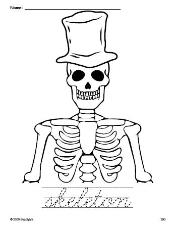 Free printable skeleton Halloween coloring page and cursive word tracing worksheet, perfect for preschool, pre-k, and kindergarten, PDF