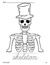 Free printable skeleton Halloween coloring page and cursive word tracing worksheet, perfect for preschool, pre-k, and kindergarten, PDF