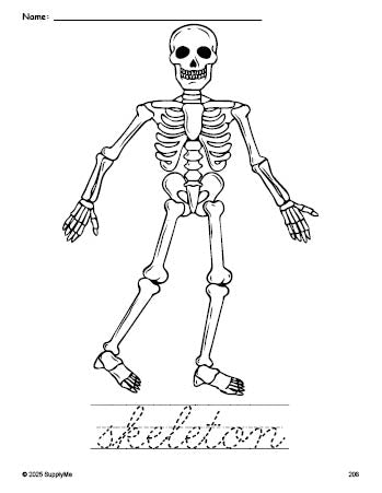 Free printable skeleton Halloween coloring page and cursive word tracing worksheet, perfect for preschool, pre-k, and kindergarten, PDF