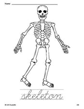 Free printable skeleton Halloween coloring page and cursive word tracing worksheet, perfect for preschool, pre-k, and kindergarten, PDF