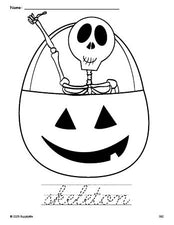 Free printable skeleton Halloween coloring page and cursive word tracing worksheet, perfect for preschool, pre-k, and kindergarten, PDF