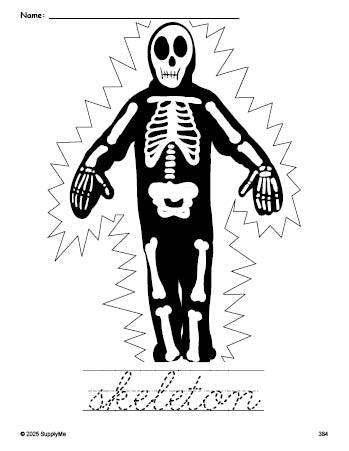 Free printable skeleton Halloween coloring page and cursive word tracing worksheet, perfect for preschool, pre-k, and kindergarten, PDF