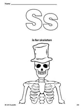 Free printable skeleton Halloween coloring page, letter s coloring page for preschool, pre-k, and kindergarten, PDF