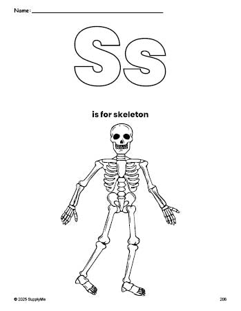 Free printable skeleton Halloween coloring page, letter s coloring page for preschool, pre-k, and kindergarten, PDF