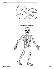 Free printable skeleton Halloween coloring page, letter s coloring page for preschool, pre-k, and kindergarten, PDF