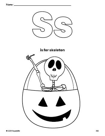 Free printable skeleton Halloween coloring page, letter s coloring page for preschool, pre-k, and kindergarten, PDF