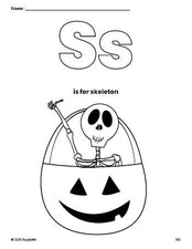 Free printable skeleton Halloween coloring page, letter s coloring page for preschool, pre-k, and kindergarten, PDF