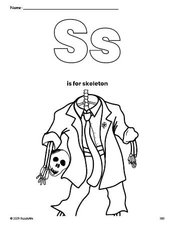 Free printable skeleton Halloween coloring page, letter s coloring page for preschool, pre-k, and kindergarten, PDF