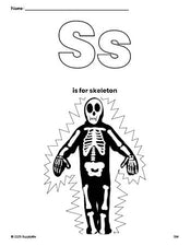 Free printable skeleton Halloween coloring page, letter s coloring page for preschool, pre-k, and kindergarten, PDF