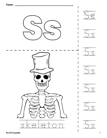 Free printable skeleton Halloween coloring page and letter tracing worksheet, letter s worksheet for preschool, pre-k, and kindergarten, PDF