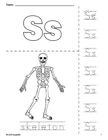 Free printable skeleton Halloween coloring page and letter tracing worksheet, letter s worksheet for preschool, pre-k, and kindergarten, PDF