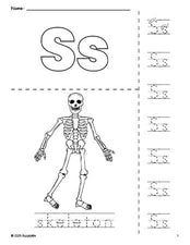 Free printable skeleton Halloween coloring page and letter tracing worksheet, letter s worksheet for preschool, pre-k, and kindergarten, PDF