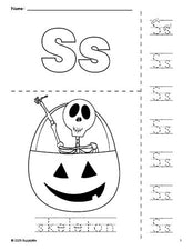 Free printable skeleton Halloween coloring page and letter tracing worksheet, letter s worksheet for preschool, pre-k, and kindergarten, PDF