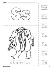 Free printable skeleton Halloween coloring page and letter tracing worksheet, letter s worksheet for preschool, pre-k, and kindergarten, PDF