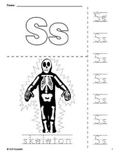 Free printable skeleton Halloween coloring page and letter tracing worksheet, letter s worksheet for preschool, pre-k, and kindergarten, PDF